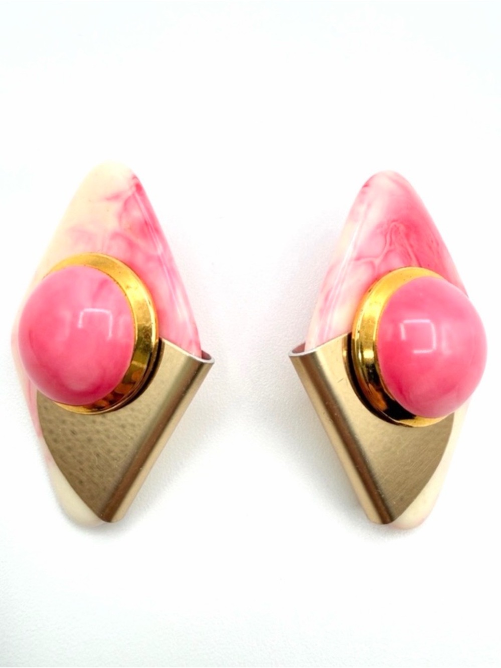 Vintage Pink Marbled Lucite & Gold Tone Statement Earrings